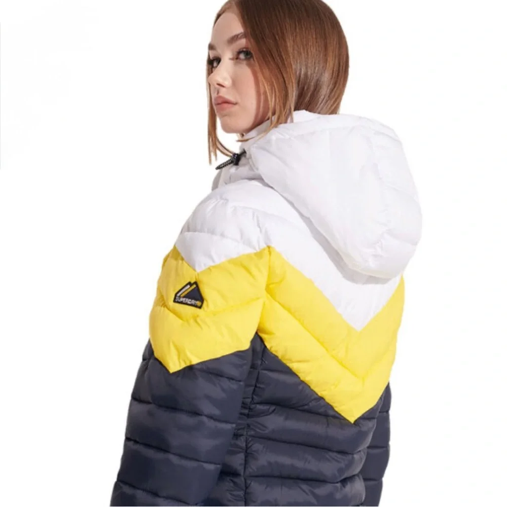 Superdry Colour-Block Fuji Puffer Jacket Size 6 Navy, Yellow, White NWT - Picture 4 of 10